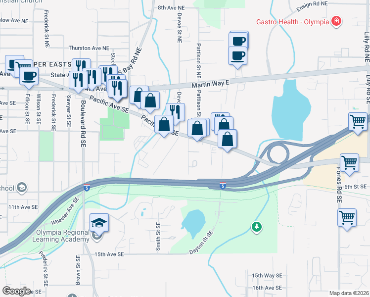 map of restaurants, bars, coffee shops, grocery stores, and more near 2815 Pacific Avenue Southeast in Olympia