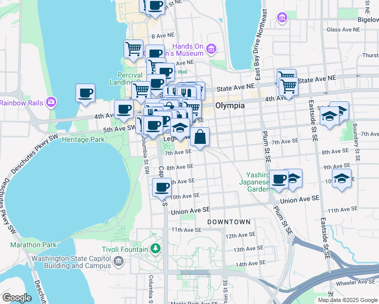 map of restaurants, bars, coffee shops, grocery stores, and more near 600 Washington Street Southeast in Olympia