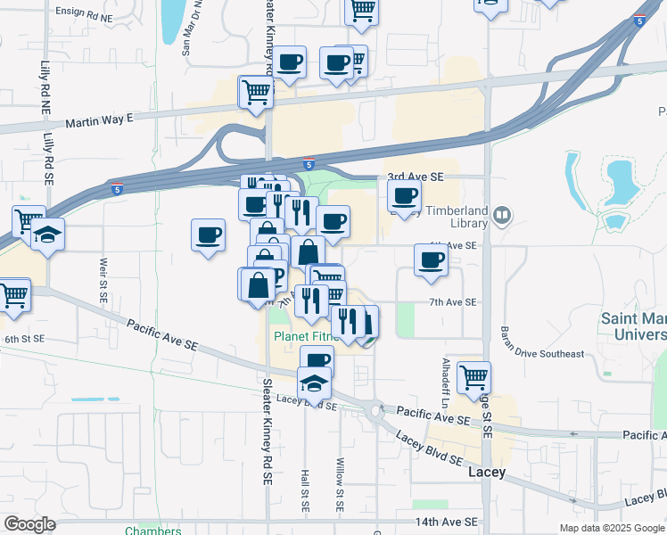 map of restaurants, bars, coffee shops, grocery stores, and more near 4219 6th Avenue Southeast in Lacey