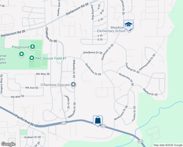 map of restaurants, bars, coffee shops, grocery stores, and more near 1112 Rockcress Drive Southeast in Olympia