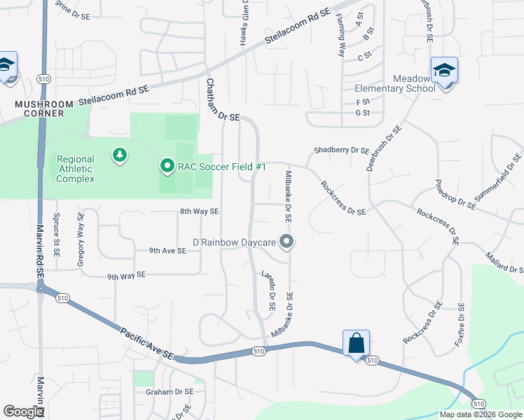 map of restaurants, bars, coffee shops, grocery stores, and more near 1149 Bayenes Court Southeast in Olympia