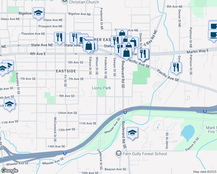 map of restaurants, bars, coffee shops, grocery stores, and more near 717 Sawyer Street Southeast in Olympia