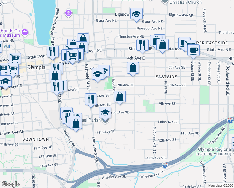 map of restaurants, bars, coffee shops, grocery stores, and more near 1302 8th Avenue Southeast in Olympia