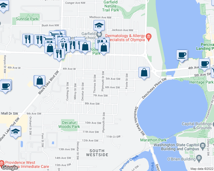 map of restaurants, bars, coffee shops, grocery stores, and more near 1310 6th Avenue Southwest in Olympia