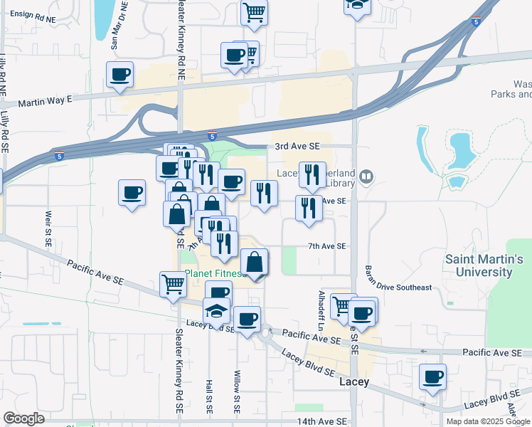 map of restaurants, bars, coffee shops, grocery stores, and more near 4313A 6th Avenue Southeast in Lacey