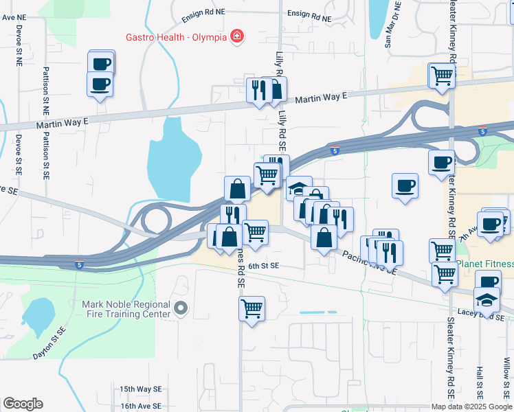 map of restaurants, bars, coffee shops, grocery stores, and more near 3520 Pacific Avenue Southeast in Olympia