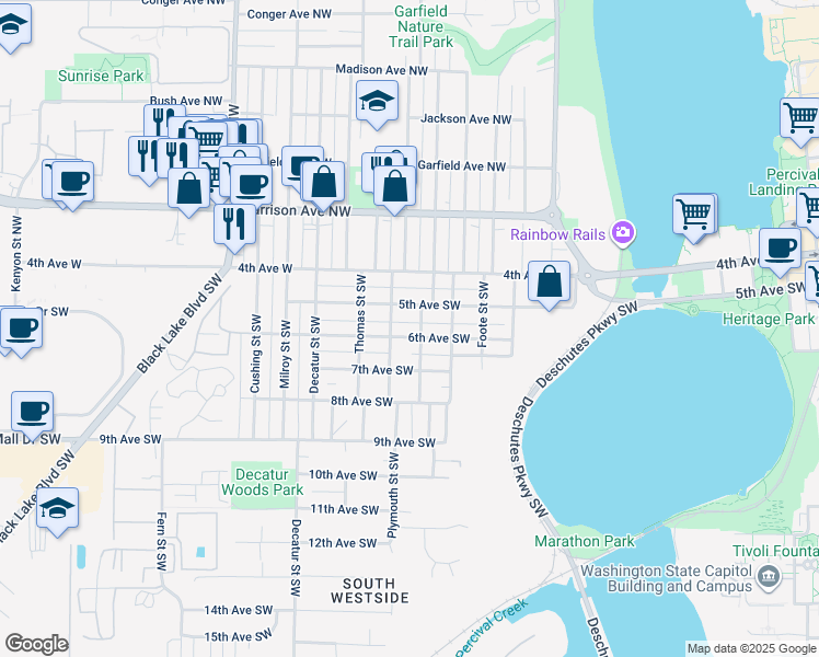 map of restaurants, bars, coffee shops, grocery stores, and more near 1305 5th Avenue Southwest in Olympia