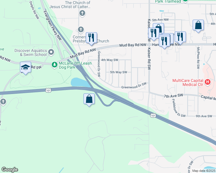 map of restaurants, bars, coffee shops, grocery stores, and more near 4917 Greenwood Drive Southwest in Olympia