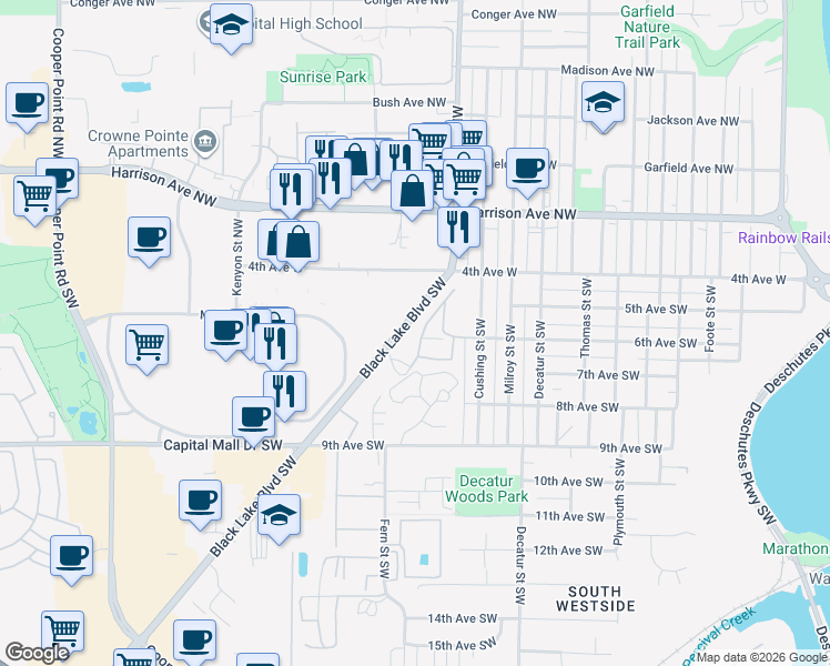 map of restaurants, bars, coffee shops, grocery stores, and more near 600 Black Lake Boulevard Southwest in Olympia