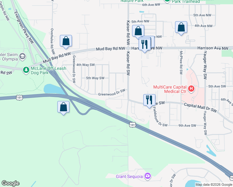 map of restaurants, bars, coffee shops, grocery stores, and more near 4609 Greenwood Drive Southwest in Olympia