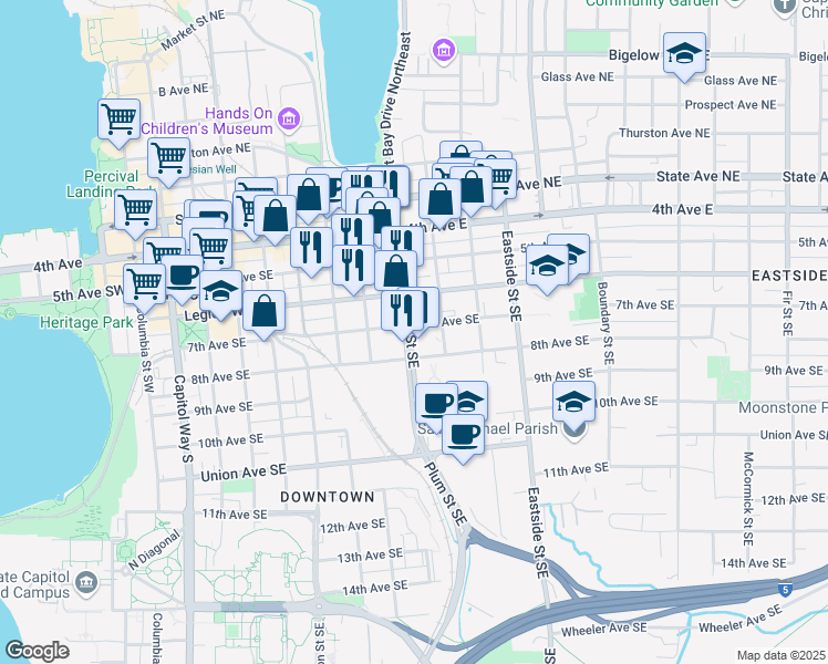map of restaurants, bars, coffee shops, grocery stores, and more near 801 7th Avenue Southeast in Olympia