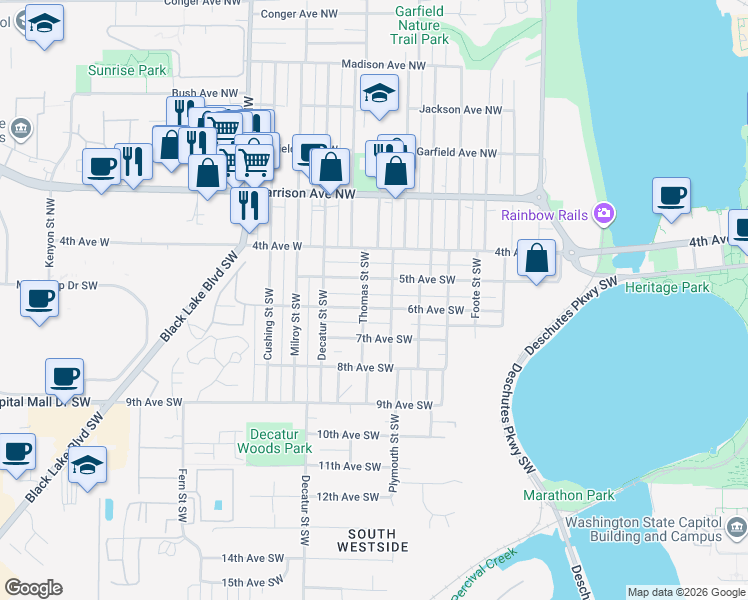 map of restaurants, bars, coffee shops, grocery stores, and more near 1416 6th Avenue Southwest in Olympia