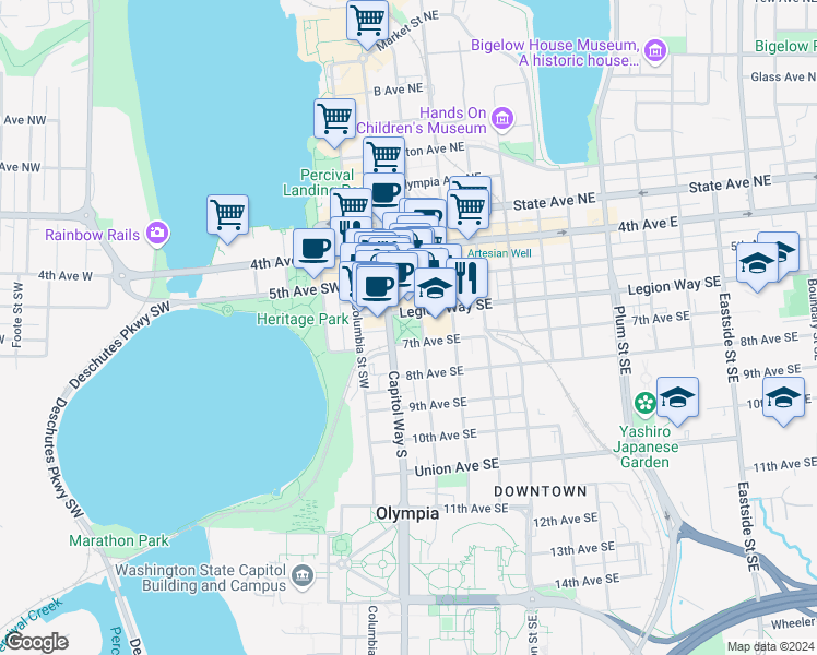 map of restaurants, bars, coffee shops, grocery stores, and more near 600 Capitol Way South in Olympia