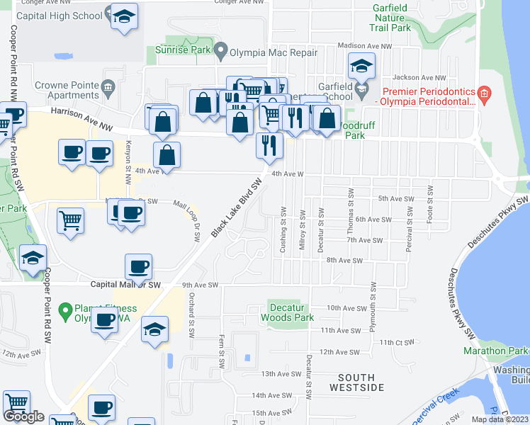 map of restaurants, bars, coffee shops, grocery stores, and more near 138 6th Avenue Southwest in Olympia