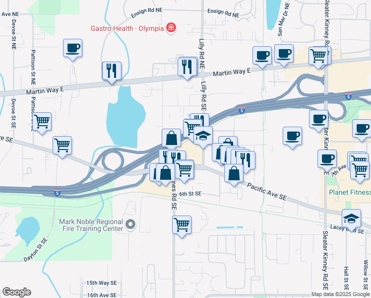map of restaurants, bars, coffee shops, grocery stores, and more near 3520 Pacific Avenue Southeast in Olympia
