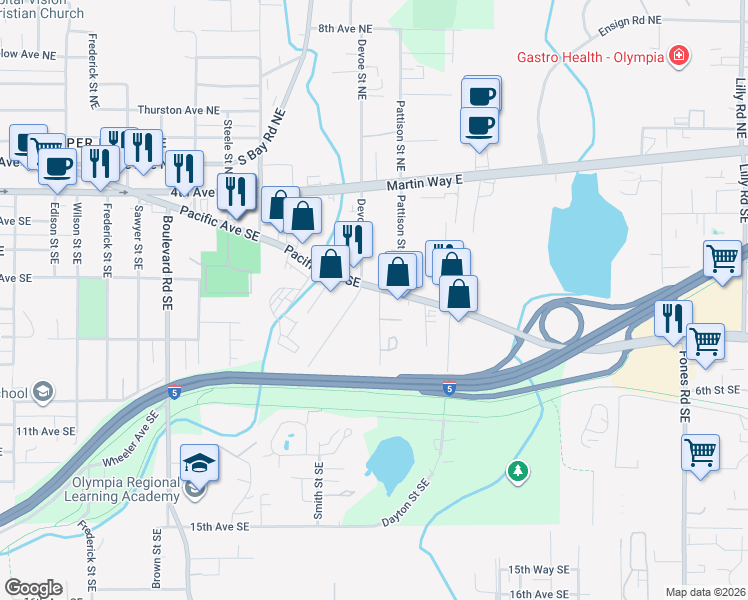 map of restaurants, bars, coffee shops, grocery stores, and more near 2815 Pacific Avenue Southeast in Olympia