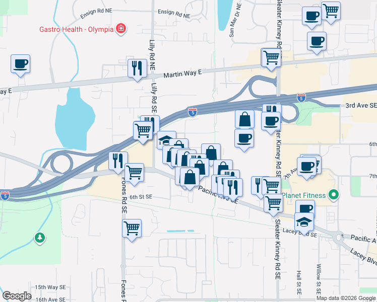 map of restaurants, bars, coffee shops, grocery stores, and more near 3715 Plummer Street Southeast in Olympia