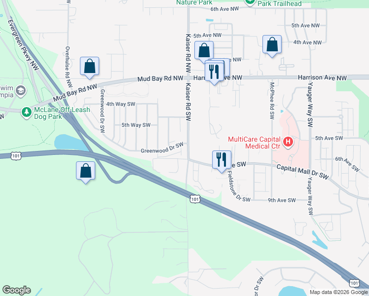 map of restaurants, bars, coffee shops, grocery stores, and more near 4609 Greenwood Drive Southwest in Olympia