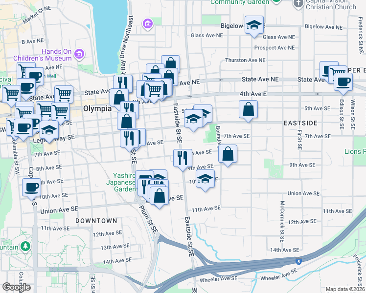 map of restaurants, bars, coffee shops, grocery stores, and more near 720 Eastside Street Southeast in Olympia