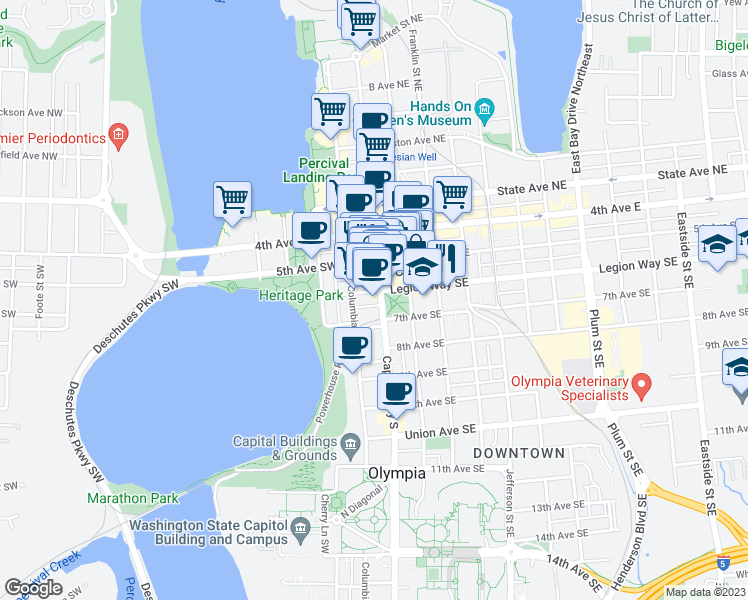 map of restaurants, bars, coffee shops, grocery stores, and more near 607 Capitol Way South in Olympia
