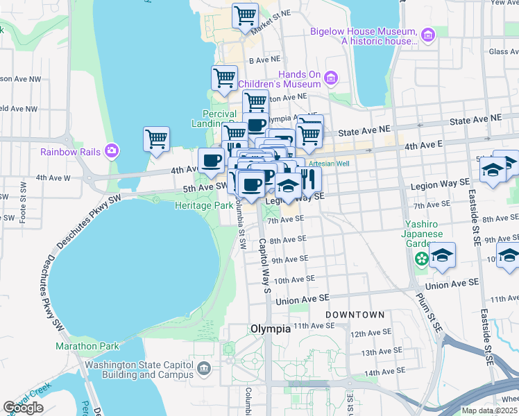 map of restaurants, bars, coffee shops, grocery stores, and more near 607 Capitol Way South in Olympia