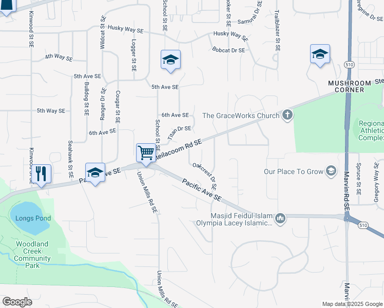 map of restaurants, bars, coffee shops, grocery stores, and more near 802 Oakcrest Drive Southeast in Lacey
