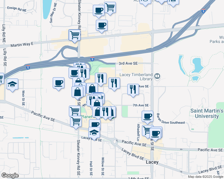 map of restaurants, bars, coffee shops, grocery stores, and more near 4313a 6th Avenue Southeast in Lacey