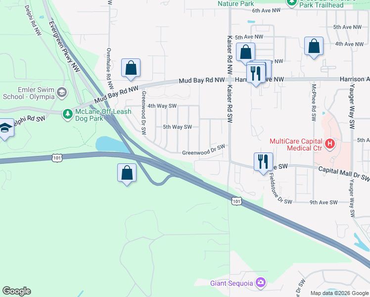 map of restaurants, bars, coffee shops, grocery stores, and more near 625 Woodduck Drive Southwest in Olympia