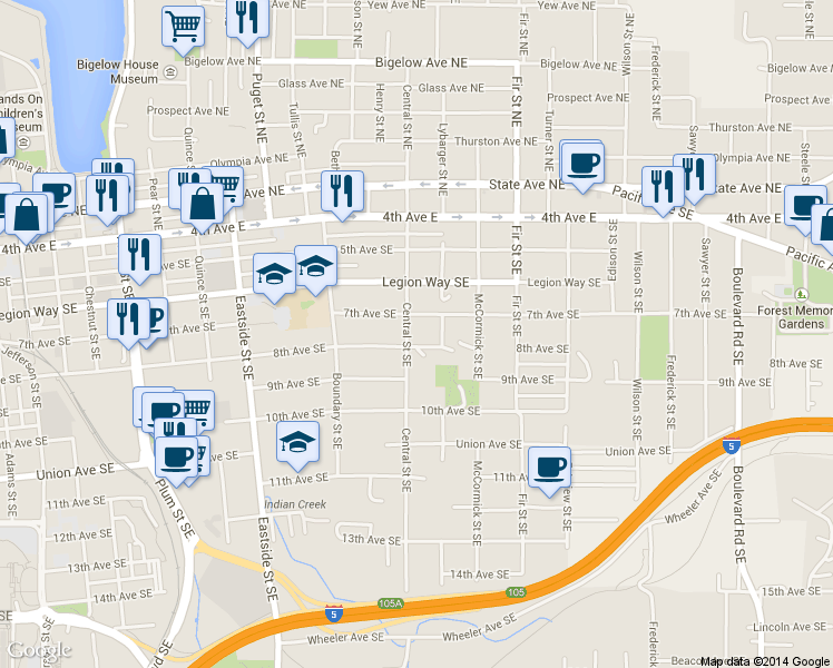 map of restaurants, bars, coffee shops, grocery stores, and more near 718 Central Street Southeast in Olympia