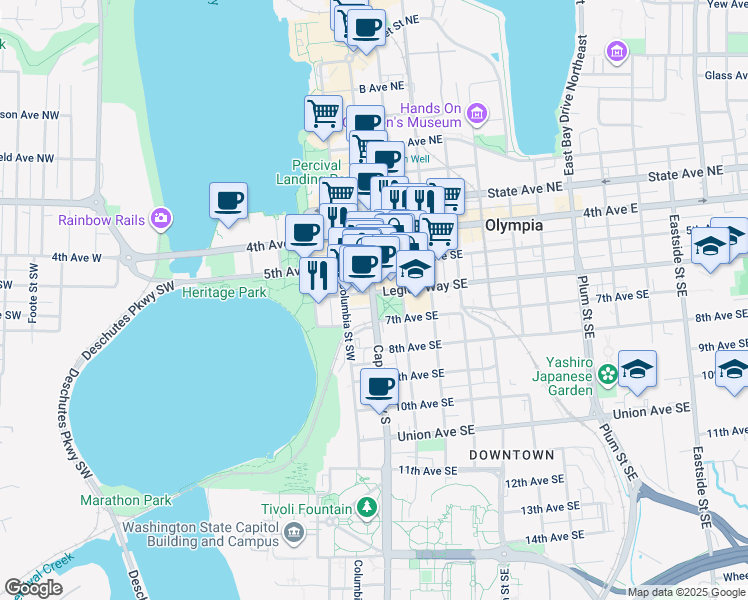 map of restaurants, bars, coffee shops, grocery stores, and more near 600 Capitol Way South in Olympia
