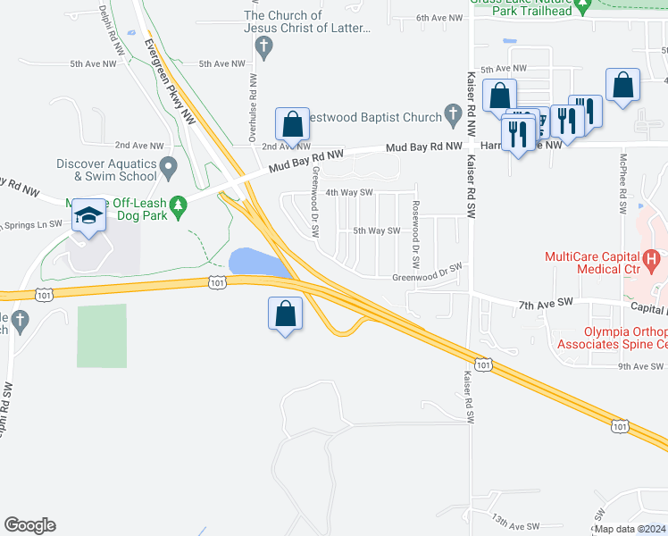 map of restaurants, bars, coffee shops, grocery stores, and more near 4917 Greenwood Drive Southwest in Olympia
