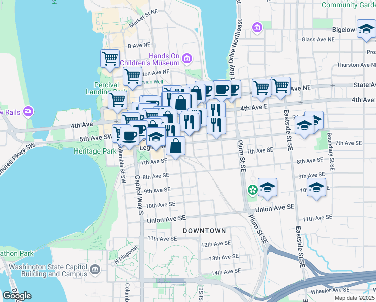 map of restaurants, bars, coffee shops, grocery stores, and more near 411 Legion Way Southeast in Olympia