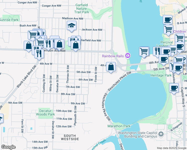 map of restaurants, bars, coffee shops, grocery stores, and more near 1023 5th Avenue Southwest in Olympia