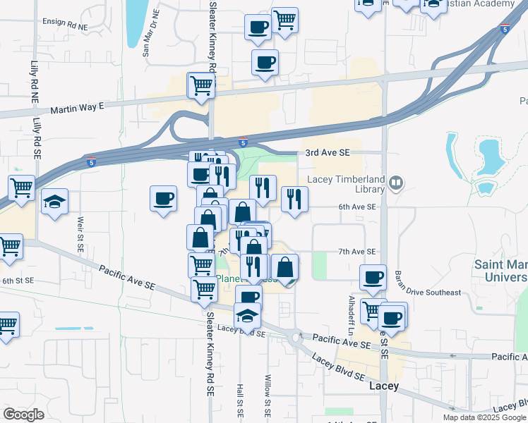 map of restaurants, bars, coffee shops, grocery stores, and more near 4219 6th Avenue Southeast in Lacey
