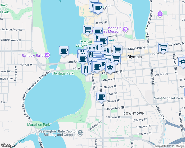 map of restaurants, bars, coffee shops, grocery stores, and more near Legion Way Southwest in Olympia
