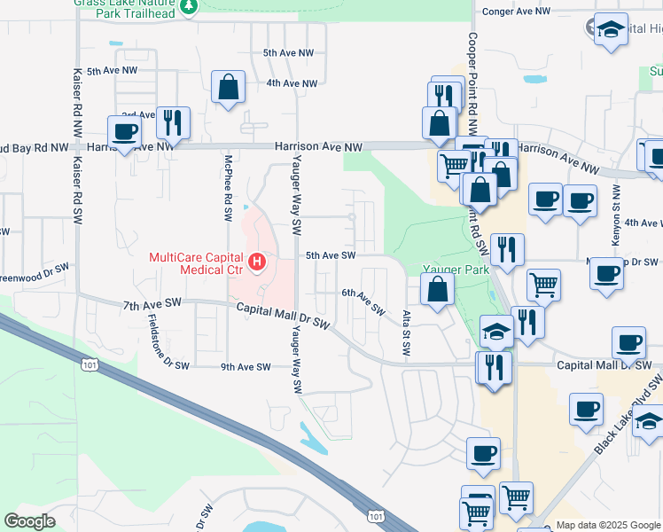 map of restaurants, bars, coffee shops, grocery stores, and more near 515 Courtside Street Southwest in Olympia