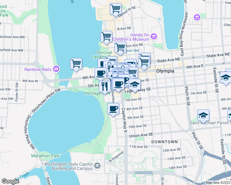 map of restaurants, bars, coffee shops, grocery stores, and more near 121 Legion Way Southwest in Olympia