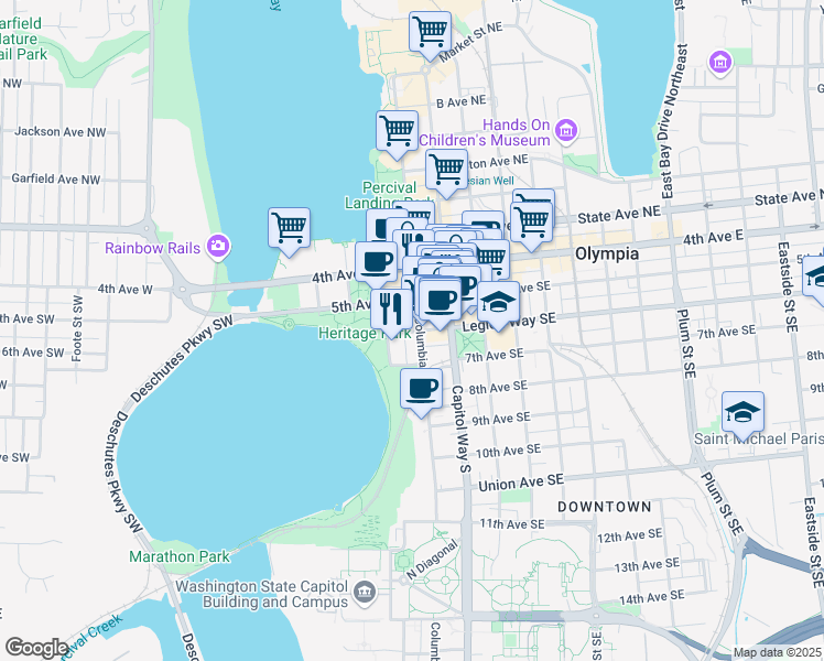 map of restaurants, bars, coffee shops, grocery stores, and more near 121 Legion Way Southwest in Olympia