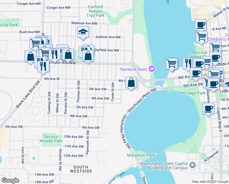 map of restaurants, bars, coffee shops, grocery stores, and more near 1023 5th Avenue Southwest in Olympia