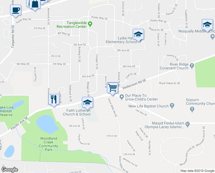map of restaurants, bars, coffee shops, grocery stores, and more near 636 Acorn Court Southeast in Olympia