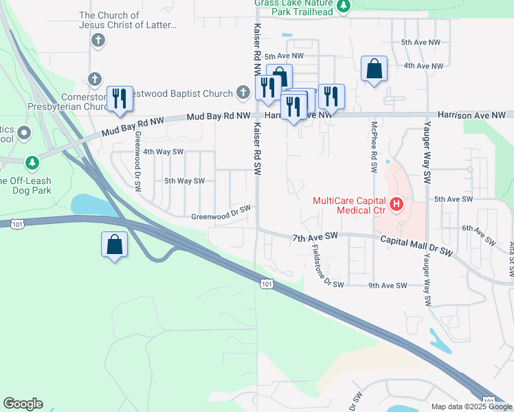 map of restaurants, bars, coffee shops, grocery stores, and more near 511 Greenwood Drive Southwest in Olympia