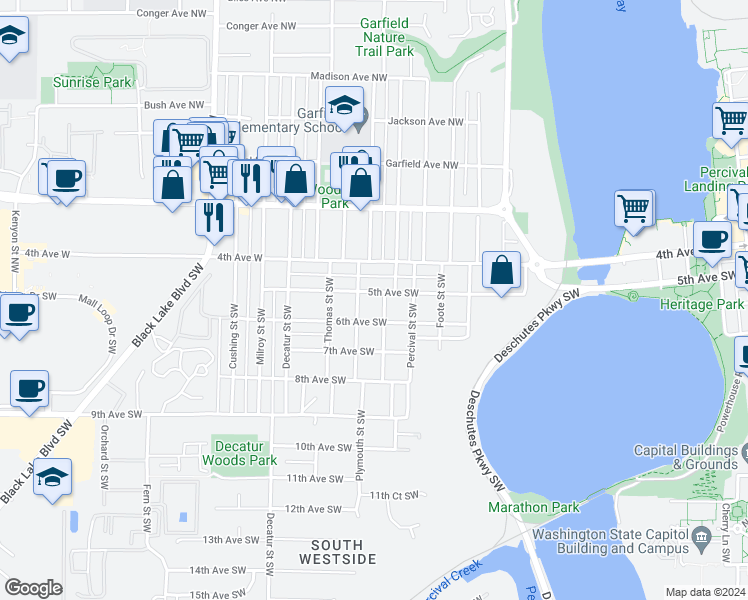 map of restaurants, bars, coffee shops, grocery stores, and more near 1305 5th Avenue Southwest in Olympia