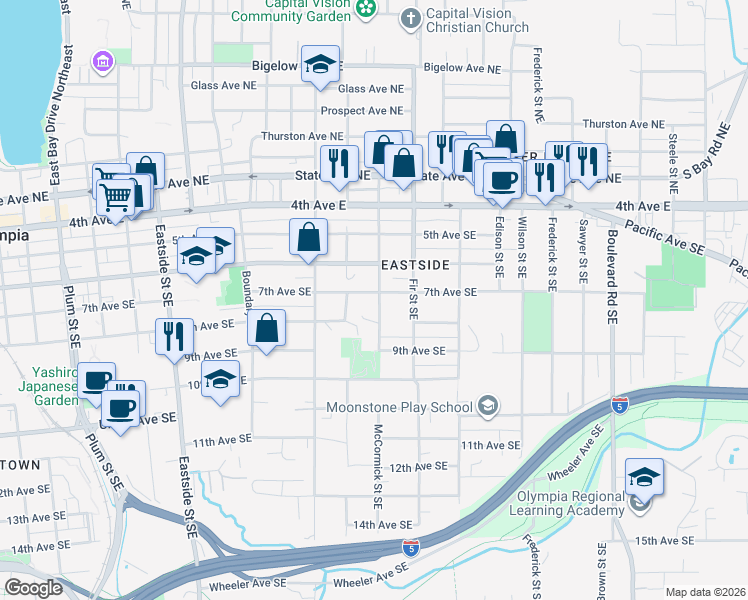 map of restaurants, bars, coffee shops, grocery stores, and more near 1625 7th Avenue Southeast in Olympia