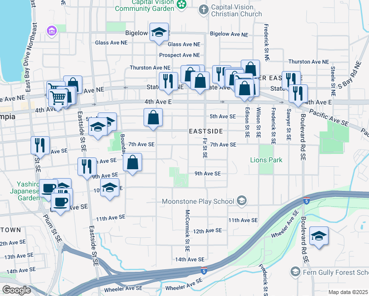 map of restaurants, bars, coffee shops, grocery stores, and more near 1616 8th Avenue Southeast in Olympia