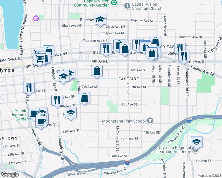 map of restaurants, bars, coffee shops, grocery stores, and more near 1616 8th Avenue Southeast in Olympia