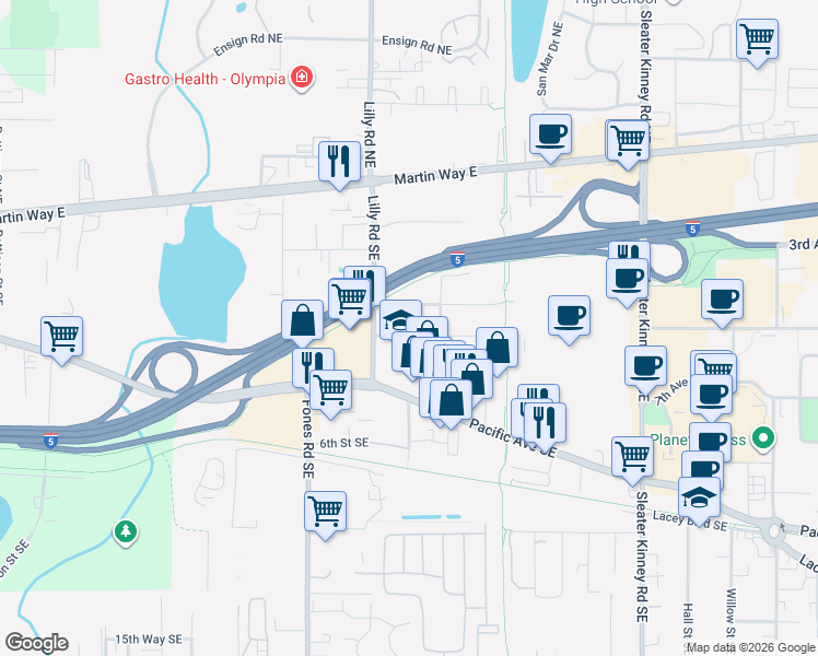 map of restaurants, bars, coffee shops, grocery stores, and more near 3629 Plummer Street Southeast in Olympia
