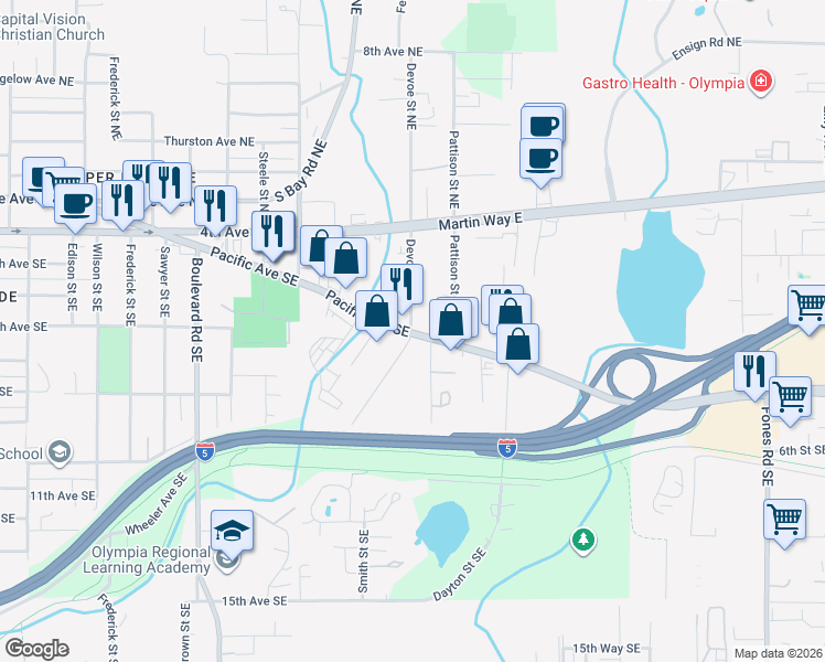 map of restaurants, bars, coffee shops, grocery stores, and more near 2815 Pacific Avenue Southeast in Olympia