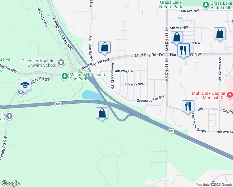 map of restaurants, bars, coffee shops, grocery stores, and more near 4917 Greenwood Drive Southwest in Olympia
