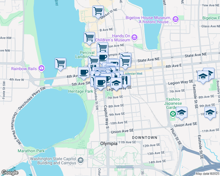 map of restaurants, bars, coffee shops, grocery stores, and more near 519 Washington Street Southeast in Olympia