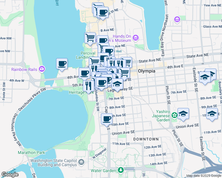 map of restaurants, bars, coffee shops, grocery stores, and more near 519 Washington Street Southeast in Olympia